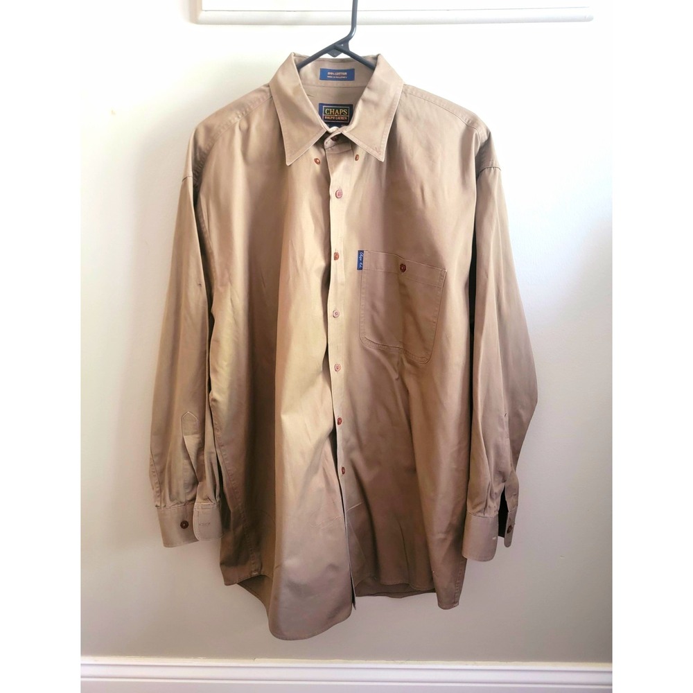 Chaps Ralph Lauren Men's L Beige Cotton L/S Button Up Shirt Pockets Vintage 90s